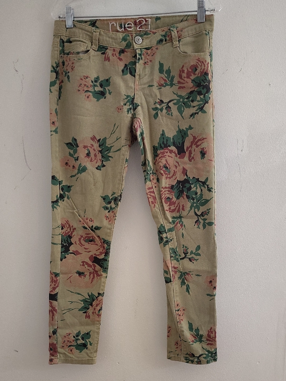 rue21 Floral Print Skinny Jeans - Olive with Pink Roses